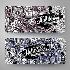 Cartoon cute graphic toned vector hand drawn doodles Halloween banners