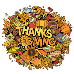 Happy Thanksgiving hand drawn cartoon doodles illustration.