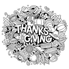 Happy Thanksgiving hand drawn cartoon doodles illustration.
