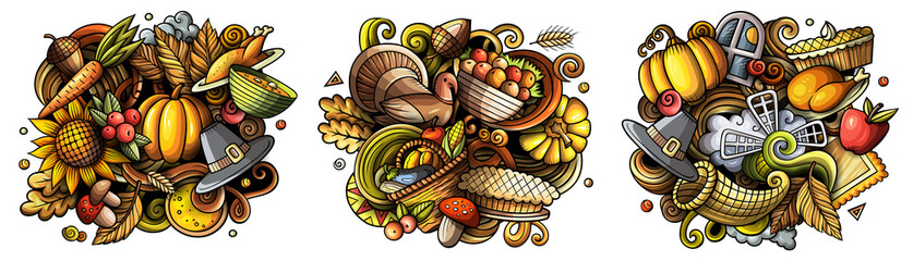 Thanksgiving cartoon vector doodle designs set
