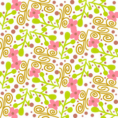 Cartoon abstract floral seamless pattern with flowers, branches and leaves. Floral tile background. Wrapping paper, textile. Vector illustration.  