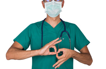 Doctor trying to express himself using sign language, background,