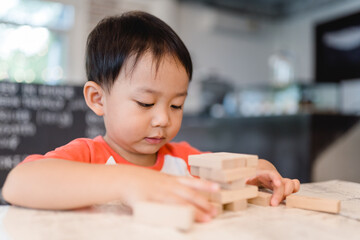 3 years old boy.toddler child playing with lots of wooden toys block with mother.Kids play with education toy at home.Day care and Kindergaten school.child development concept.Ef, Home school kid.