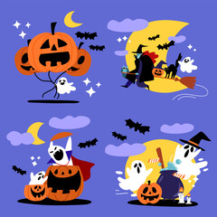 Spooky Halloween Ghost And Witch Character Vector Illustration Set