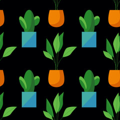 Seamless pattern of cactus and ficus in pots isolated on black background. Simple cartoon vector style. Flat design. House plant illustration