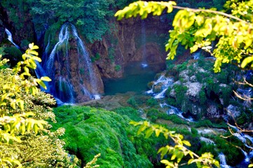 Plitvice, Croatia-July 2019. Plitvice Lakes National park waterfall, beautiful landscape with waterfalls, lakes and forest