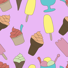 Colorful ice-cream seamless pattern. Purple background. Summer food vector illustration. Sweet Frozen Desserts. Design for wrapping paper, fabric print, wallpaper. Bright template. Flat cartoon
