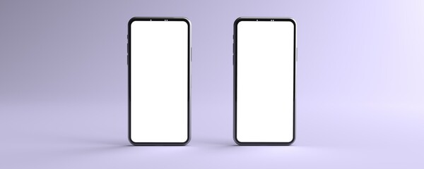 3D rendering. The mockups Smartphones white screen on violet floor, Mobile phone lay down on the ground. Smartphones white screen can be used for commercial advertising, Isolated on violet background.