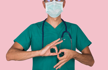 Doctor trying to express himself using sign language, background,