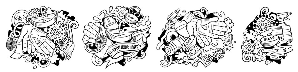 Hand Wash cartoon vector doodle designs set.