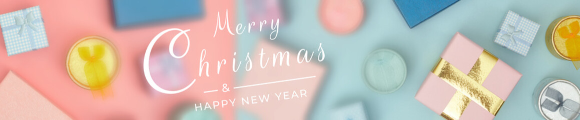 Banner, Merry Christmas composition, gifts on pastel blue background