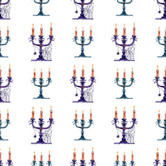 Fototapeta na wymiar Pattern with candlesticks for halloween. Candlestick with three burning candles, a spider and a cobweb on white. watercolor illustration.