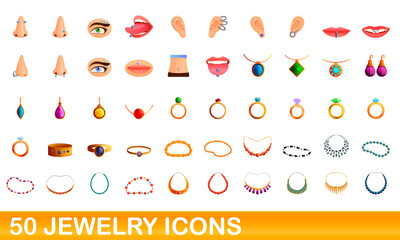 50 jewelry icons set. Cartoon illustration of 50 jewelry icons vector set isolated on white background