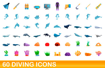 60 diving icons set. Cartoon illustration of 60 diving icons vector set isolated on white background