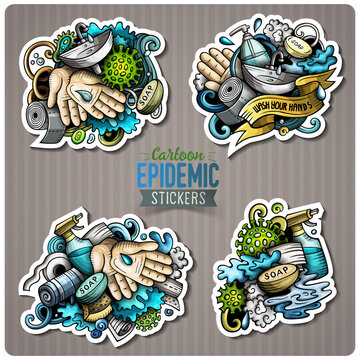 Doodle cartoon set of Hand Wash theme stickers