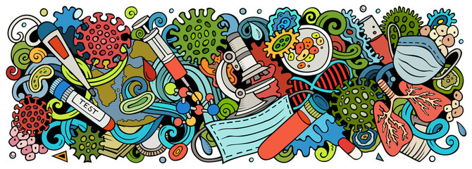 Coronavirus hand drawn cartoon doodles illustration. Colorful vector banner