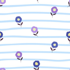 Cute Blue Mini Flower with Blue Stripe Seamless Pattern