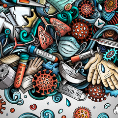 Obraz premium Coronavirus hand drawn vector doodles border