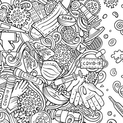 Coronavirus hand drawn vector doodles border