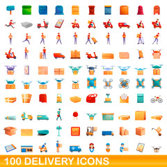 100 delivery icons set. Cartoon illustration of 100 delivery icons vector set isolated on white background