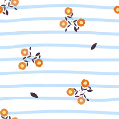 Orange Flower and Hand Drawn Blue Stripe Seamless Pattern