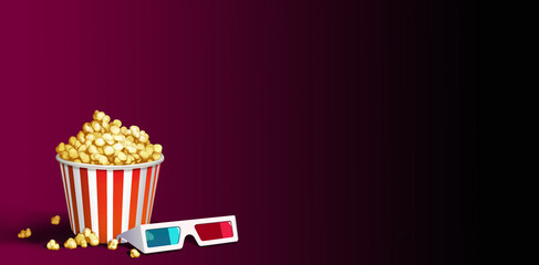 Popcorn bucket classic red white paper illustration art realistic on a red background horizontal place for text copy space. Glasses for 3D cinema.