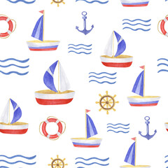Watercolor marine illustration. Seamless pattern of boats, steering wheel, waves, anchor and lifebuoy on a white background