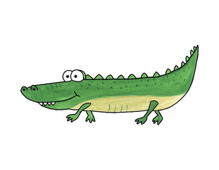 Hand-drawn watercolor illustration of a cartoon crocodile on a white background