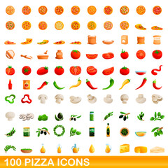 100 pizza icons set. Cartoon illustration of 100 pizza icons vector set isolated on white background