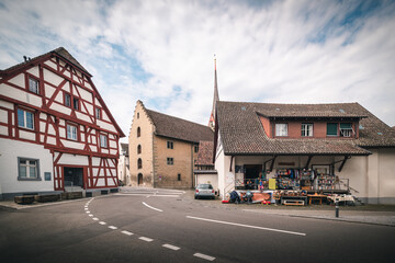 Cityscape Old Town and Historic Buildings of Stein Am Rhein City, Switzerland, Beautiful Ancient Church and Architecture of Swiss Culture at Daylight. Travel Historical and Famous Place of Switzerland