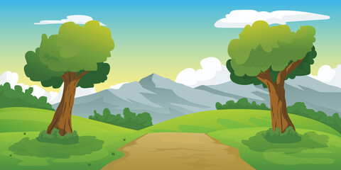 Panorama landscapes view with tree hill mountain blue sky environment Background illustration