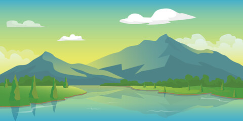 Fototapeta na wymiar Panorama landscapes mountain with lake Background Illustration