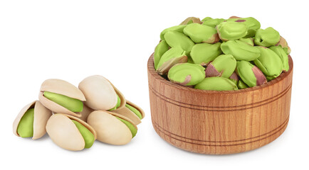 peeled pistachio in wooden bowl isolated on white background with clipping path and full depth of field