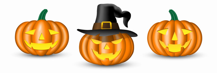 Set of halloween pumpkins on white background.