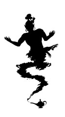 Arabic genie lamp black silhouette isolated on white background. Outline of figure of hero of Eastern fairy tales. Vector illustration