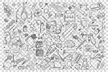 Medicine doodle set. Collection of hand drawn sketches templates patterns of treatment pills syringe pharmacological cure on transparent background. Healthcare and medical support illustration.