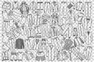 Mens shop doodle set. Collection of hand drawn sketches templates patterns boy guy clothing jackets pants trousers shirts coats on transparent background. Male fashionable casual outfit and shopping.