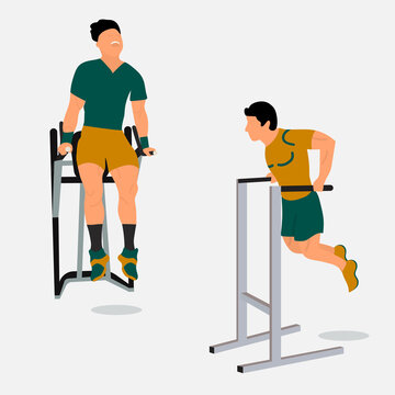 Men doing triceps dip on parallel bars.Professional male sportsmen training on parallel bars.