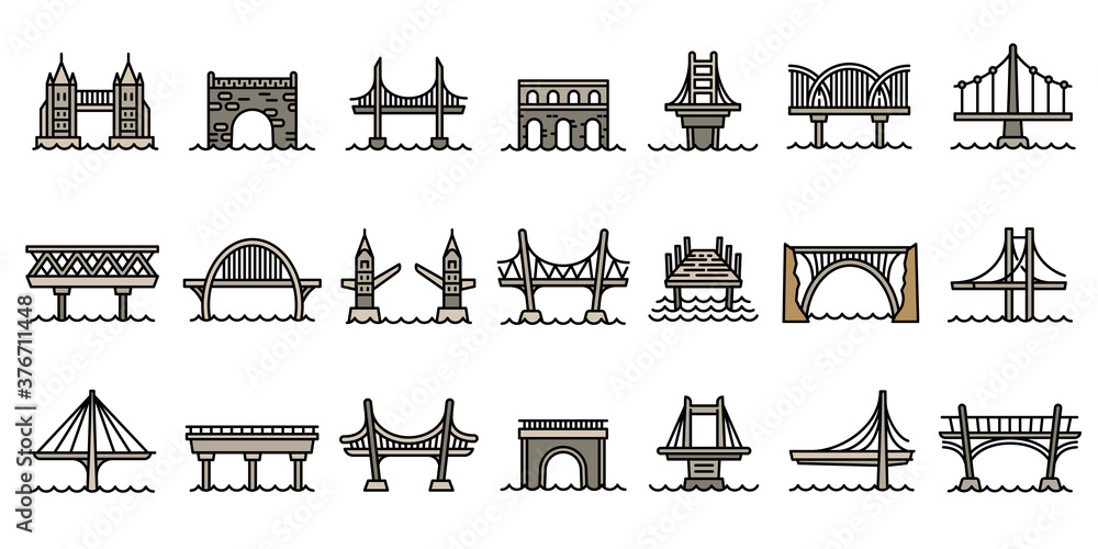 Poster bridges icons set. outline set of bridges vector icons for web design isolated on white background
