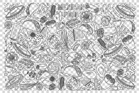 Mexican food doodle set. Collection of chalk pencil hand drawn sketches templates of mexico delicious cuisine tacos burritos on transparent background. Latin american country meal illustration.