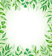 Watercolor frame with green leaves. Perfect for design of  greeting card, logo, invitation, posters and more
