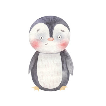 new year and christmas characters, penguin with red cheeks watercolor illustration on white background