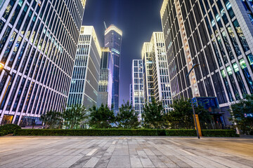 City square and modern high-rise buildings, night view of Jinan.