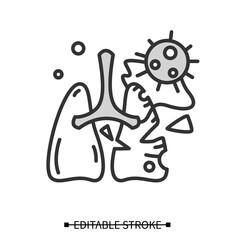 Lung damage icon. Covid molecule attacking lungs line pictogram. Concept of corona virus effects, acute respiratory damage, breathing failure and pneumonia. Editable stroke vector illustration