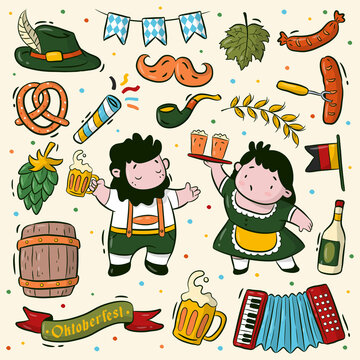 Hand drawn Oktoberfest cartoon and element collection