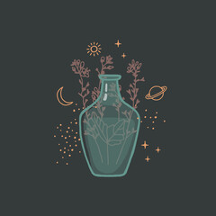 Illustration with glass bottle, flowers and celestial bodies. Vector graphic print