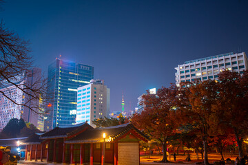 Deoksugung Palace at night.In Seoul, South Korea during the fall season