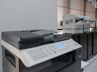 closeup panel of multifunction laser printer in office