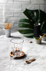 Iced matcha tea latte with almond milk 