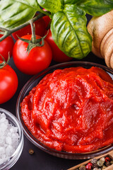 fresh natural tomato paste on black background